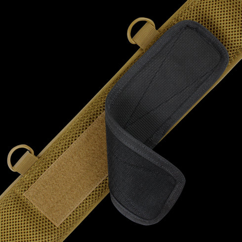 A close-up of the Condor Slim Battle Belt in MultiCam Black, showing its tan strap with Velcro patch, dual metal rings, and partially open black padded section—perfect for law enforcement or shooting range use.